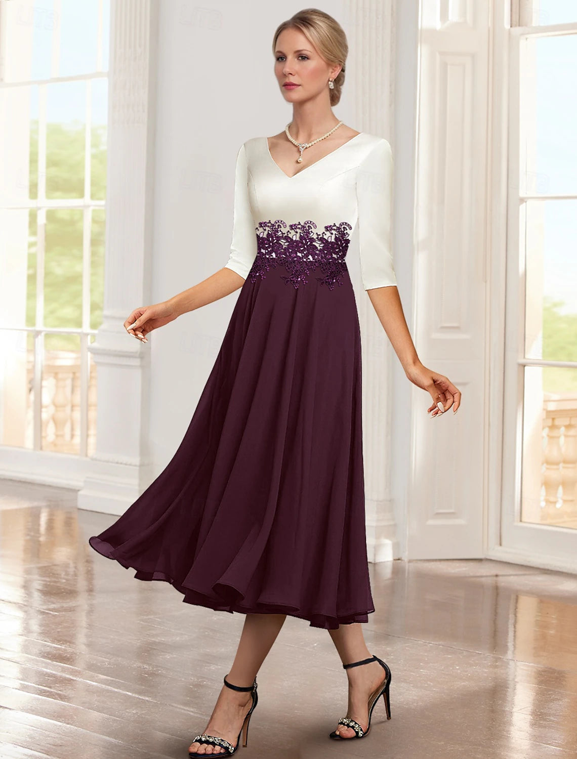 Buyishang Dress Mother of the Bride Dress Wedding Guest Church Elegant V Neck Tea Length Chiffon Satin Cap Sleeve Jacket Dresses with Lace Color Block