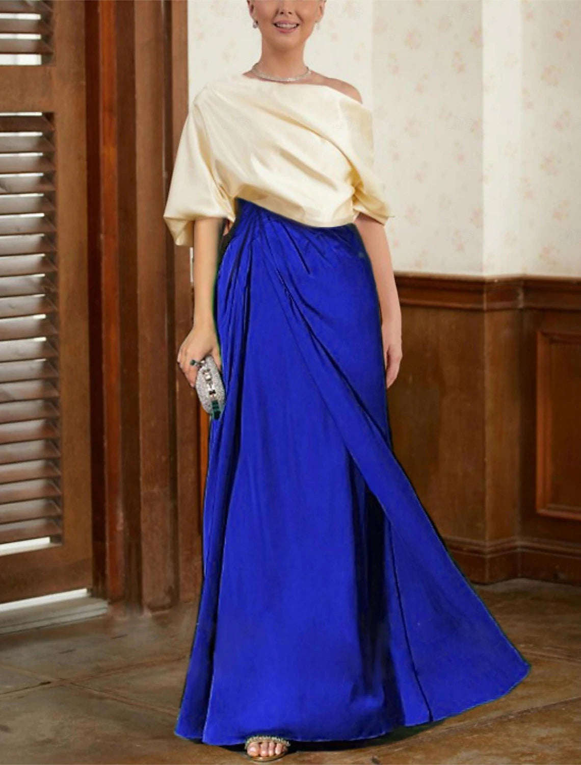 Buyishang Two Piece A-Line Mermaid / Trumpet Mother of the Bride Dress Elegant Vintage Floor Length Satin Half Sleeve with Ruched Draping Tier Christmas Dress free custom size