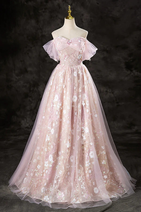 Lovely A-Line Off the Shoulder Sequins Prom Dress Pink Tulle Corset Floor Length Evening Dress