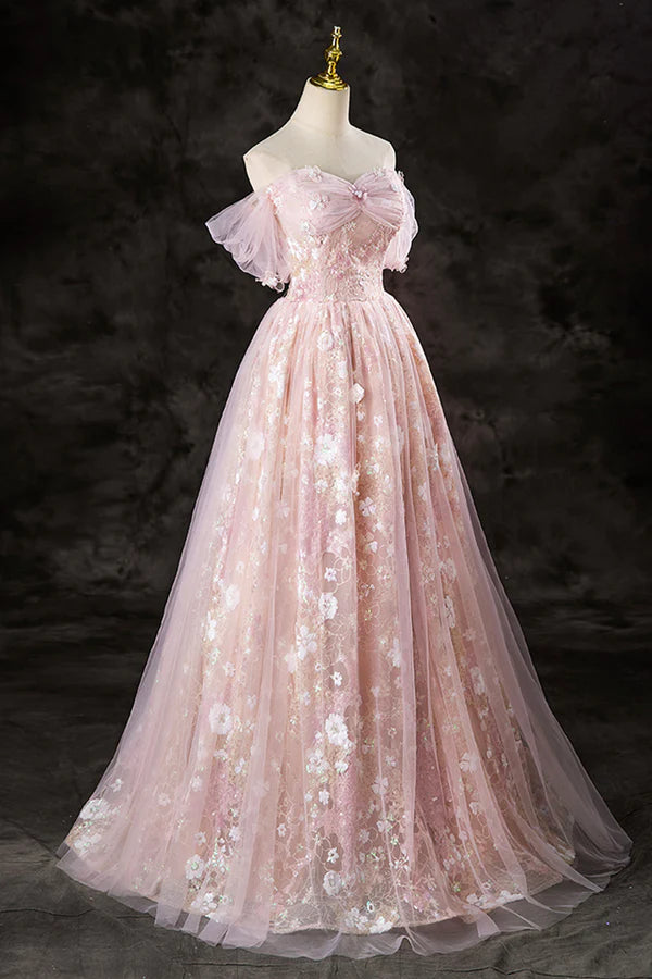 Lovely A-Line Off the Shoulder Sequins Prom Dress Pink Tulle Corset Floor Length Evening Dress