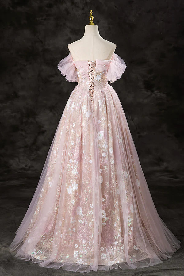 Lovely A-Line Off the Shoulder Sequins Prom Dress Pink Tulle Corset Floor Length Evening Dress