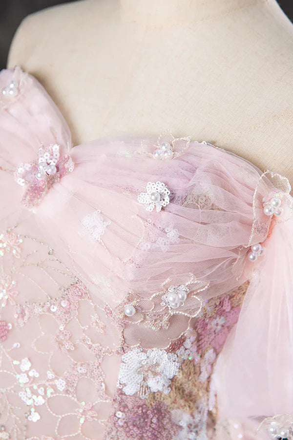 Lovely A-Line Off the Shoulder Sequins Prom Dress Pink Tulle Corset Floor Length Evening Dress