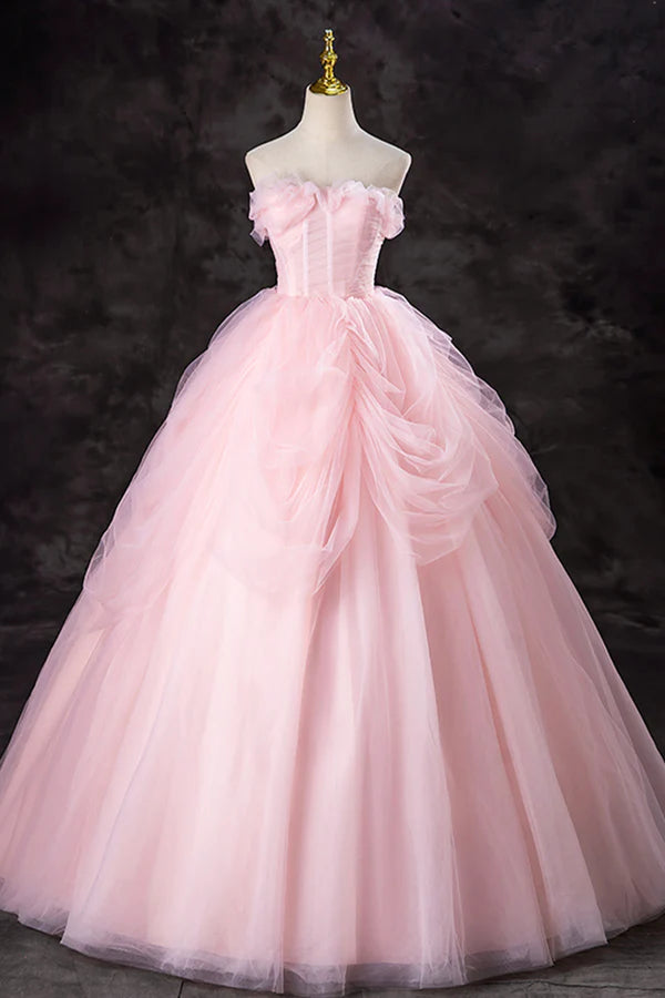 Pink Strapless Tulle Floor Length Prom Dress Lovely A-Line Evening Party Dress