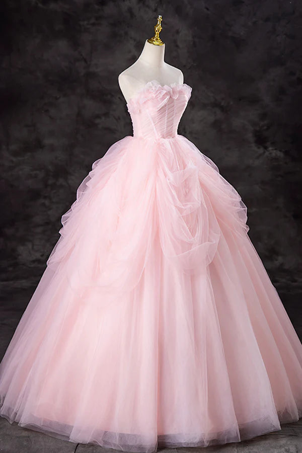 Pink Strapless Tulle Floor Length Prom Dress Lovely A-Line Evening Party Dress