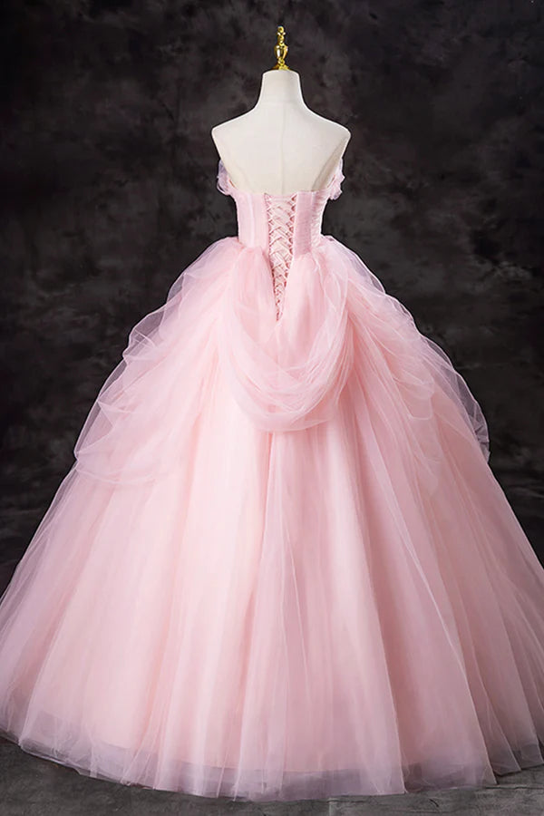 Pink Strapless Tulle Floor Length Prom Dress Lovely A-Line Evening Party Dress