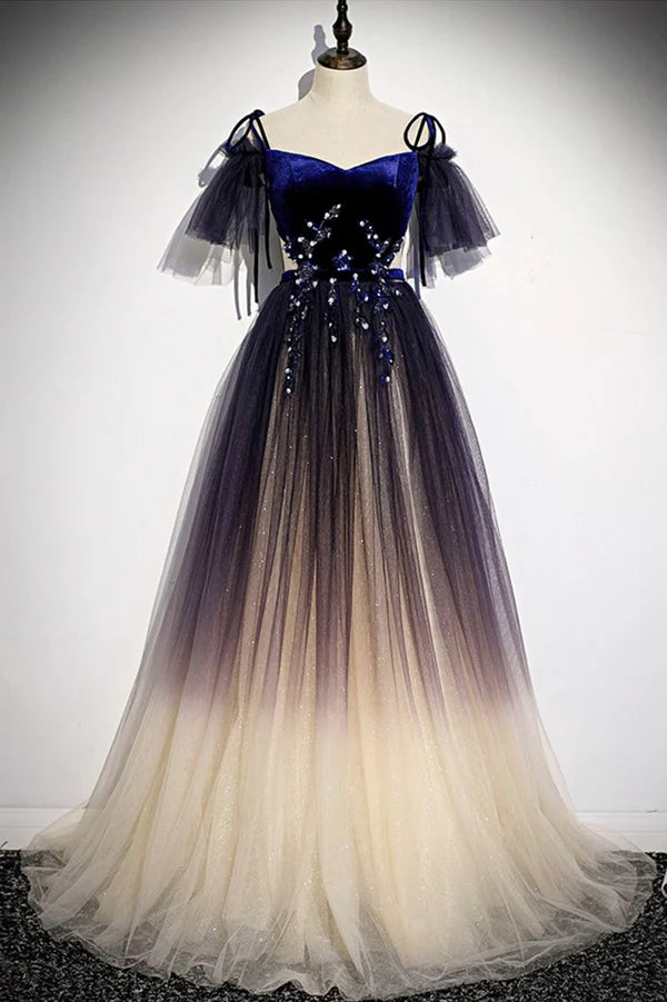 Blue Gradient Tulle Long Formal Dress Off the Shoulder Evening Graduation Dress