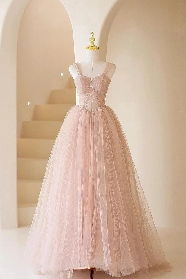 Pink Tulle Lace Long Formal Dress Beautiful A-Line Off Shoulder Pink Prom Dress