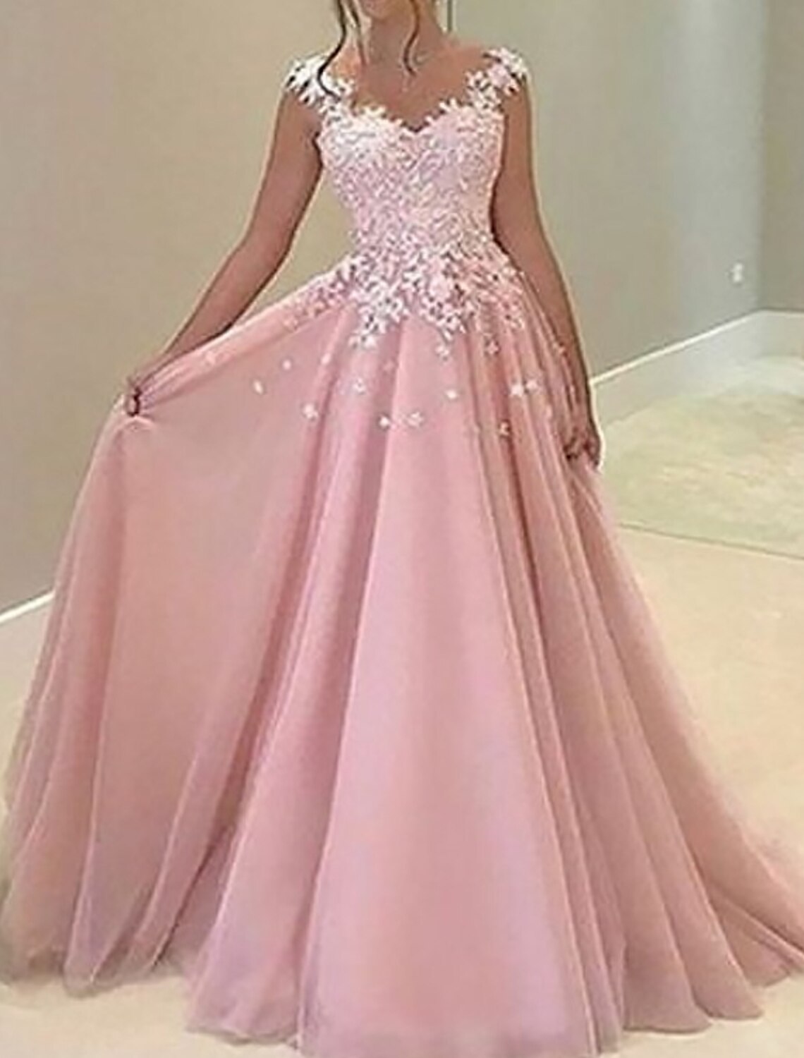 A-Line Prom Dresses Luxurious Dress Wedding Guest Wedding Party Floor Length Sleeveless V Neck Chiffon with Appliques