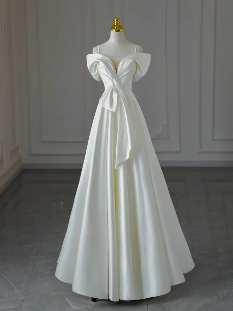 Buyishang A-Line Off Shoulder Satin White Long Prom Dress White Long Formal Dress