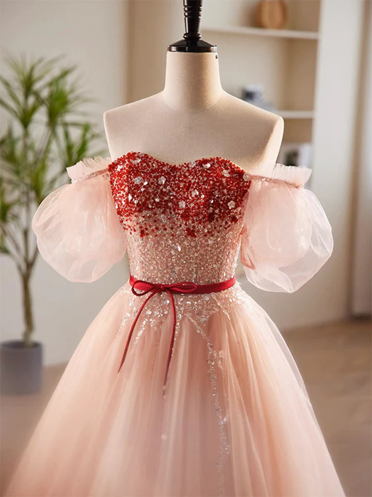 Buyishang A-Line Sweetheart Neck Sequin Tulle Pink Long Prom Dress Pink Formal Dress