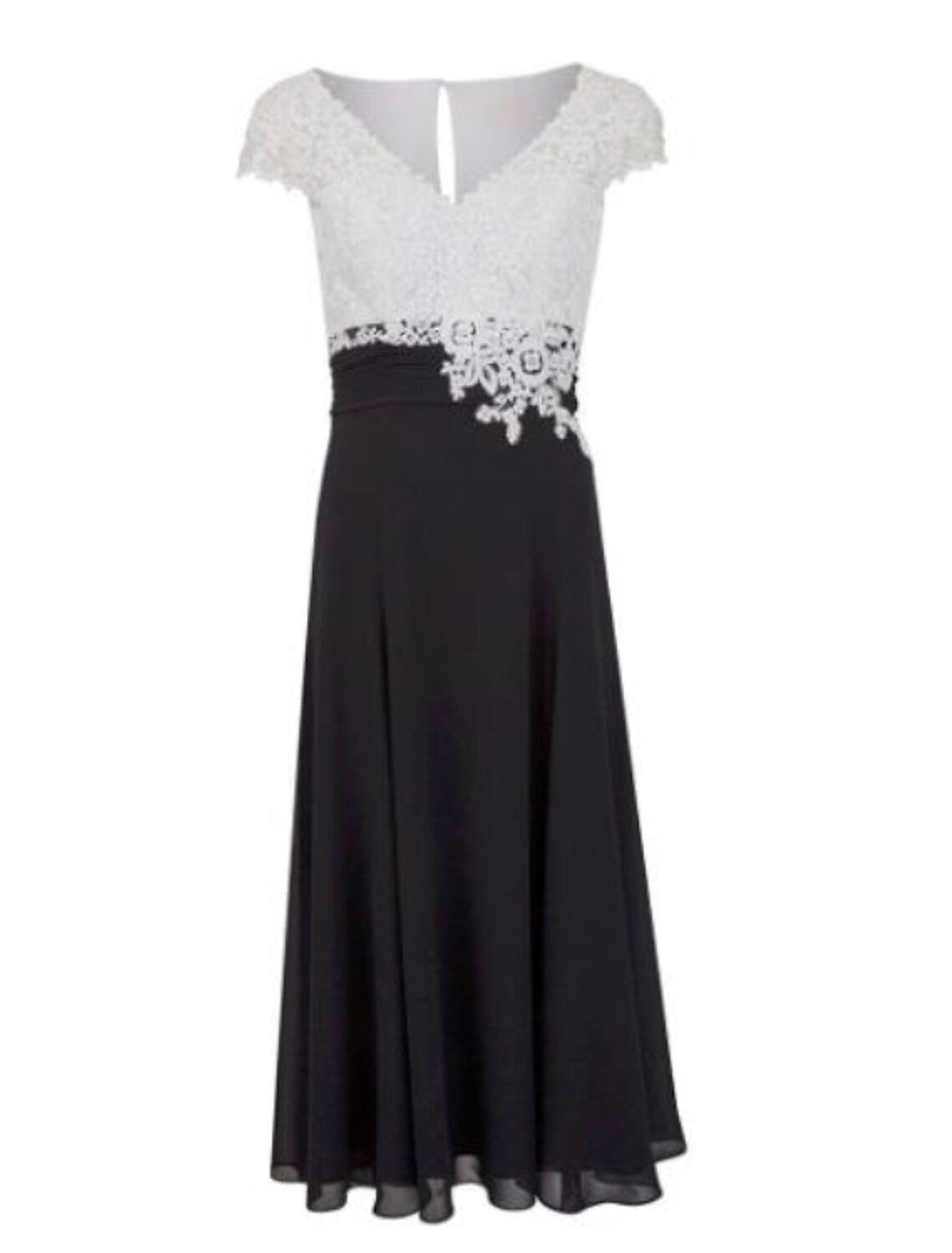 A-Line Mother of the Bride Dress Plus Size Plunging Neck Tea Length Chiffon Lace Short Sleeve with Appliques
