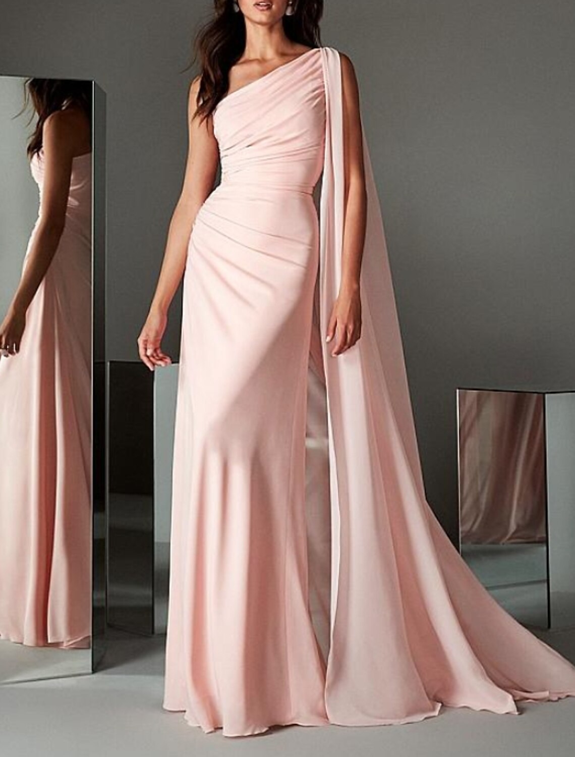 Sheath / Column Evening Gown Minimalist Dress Engagement Formal Evening Sweep / Brush Train Sleeveless One Shoulder Chiffon with Sleek