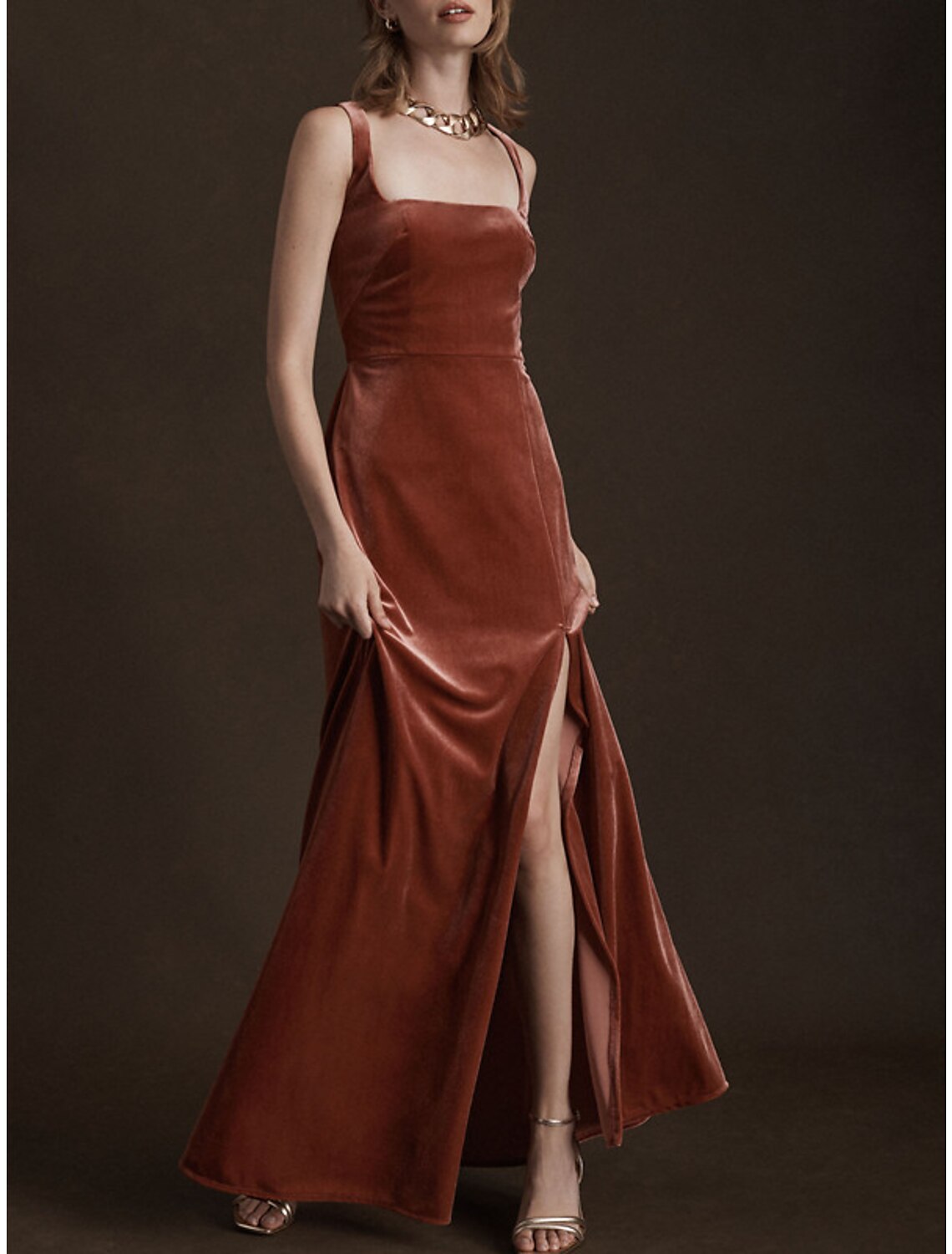 Mermaid / Trumpet Evening Gown Sexy Dress Formal Wedding Guest Floor Length Sleeveless Spaghetti Strap Velvet with Slit Pure Color