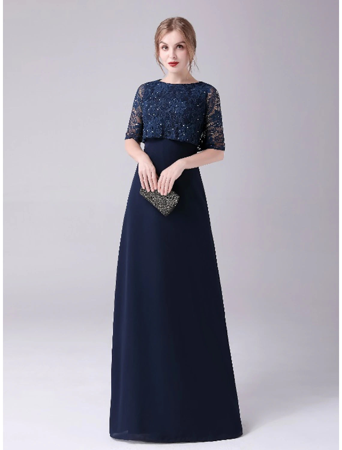 A-Line Mother of the Bride Dress Elegant Sweet Jewel Neck Floor Length Chiffon Half Sleeve with Lace Crystals