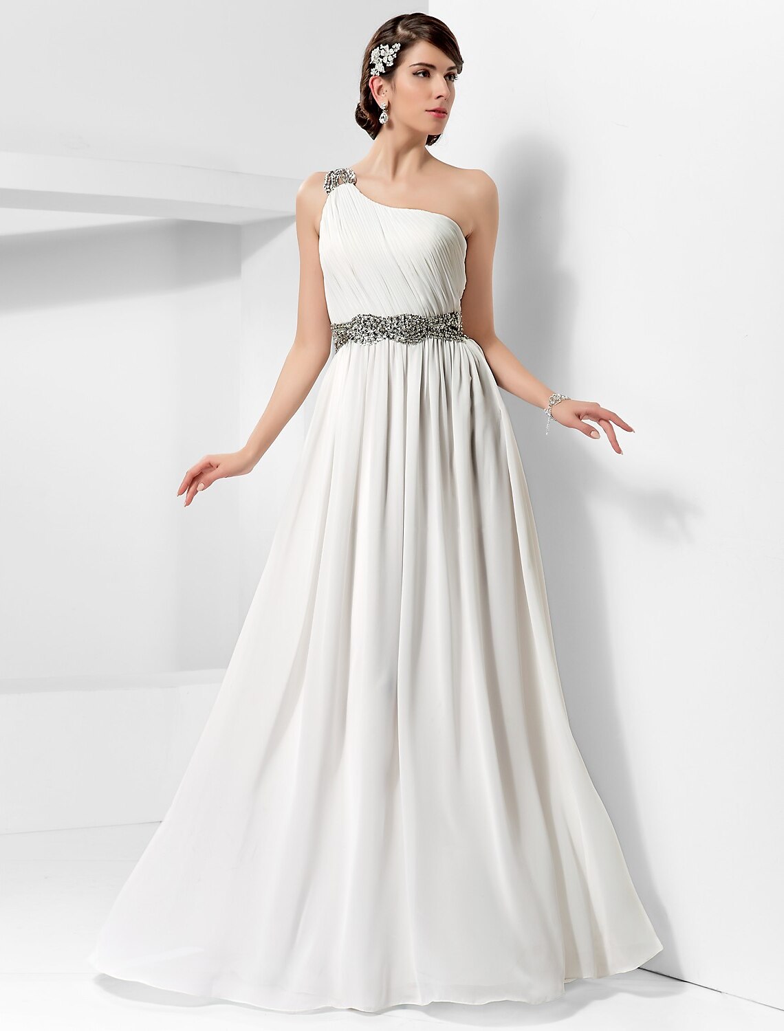 Sheath / Column One Shoulder Floor Length Chiffon Dress with Beading / Draping