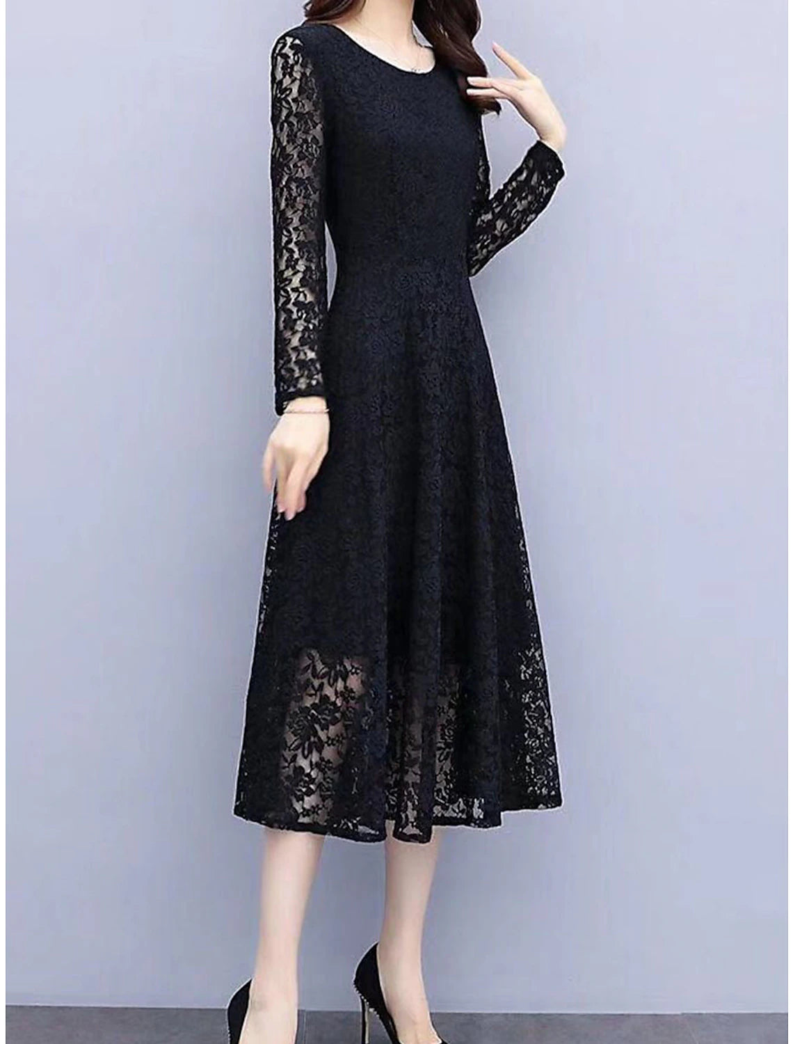 Women's Plus Size Black Dress Prom Dress Party Dress Lace Dress Long Dress Maxi Dress Black Long Sleeve Pure Color Lace Spring Fall Winter Crew Neck Winter Dress