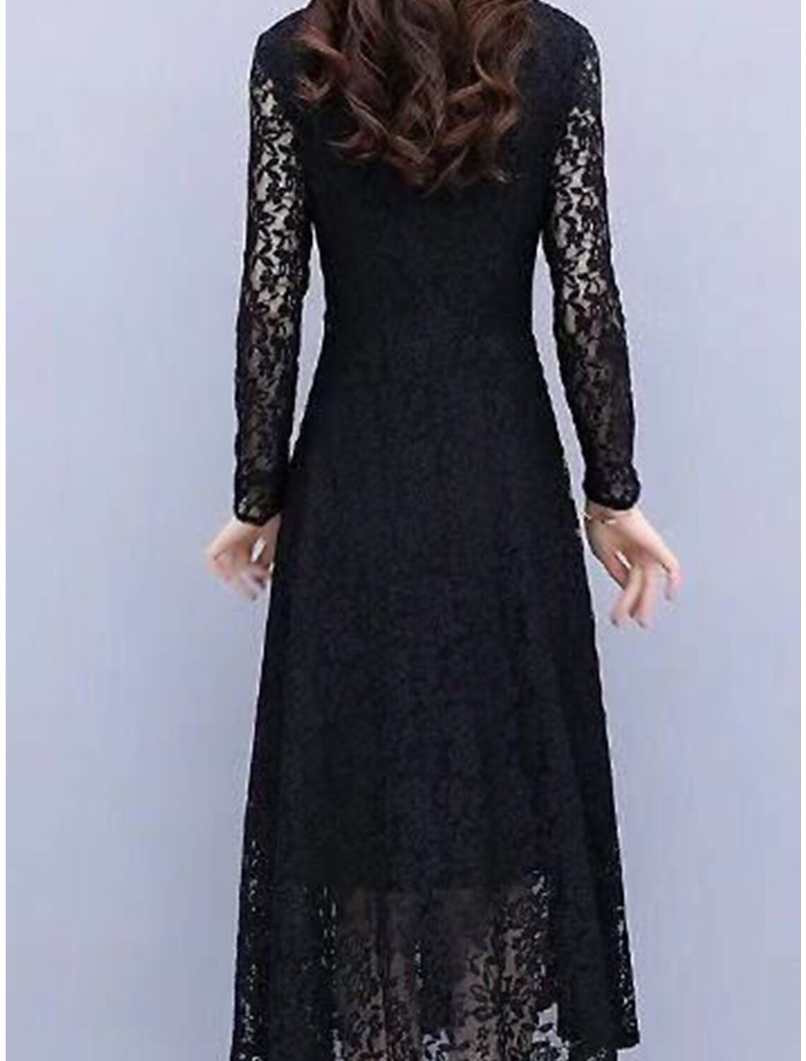 Women's Plus Size Black Dress Prom Dress Party Dress Lace Dress Long Dress Maxi Dress Black Long Sleeve Pure Color Lace Spring Fall Winter Crew Neck Winter Dress