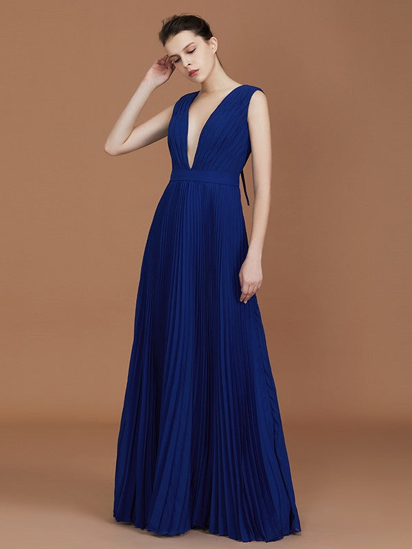 A-Line/Princess V-neck Sleeveless Pleated Floor-Length Chiffon Bridesmaid Dress
