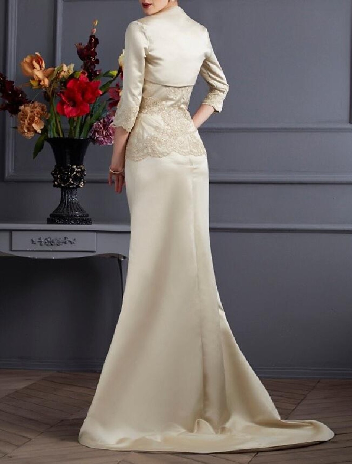 Two Piece Mermaid / Trumpet Mother of the Bride Dress Wrap Included Strapless Sweep / Brush Train Satin 3/4 Length Sleeve with Lace