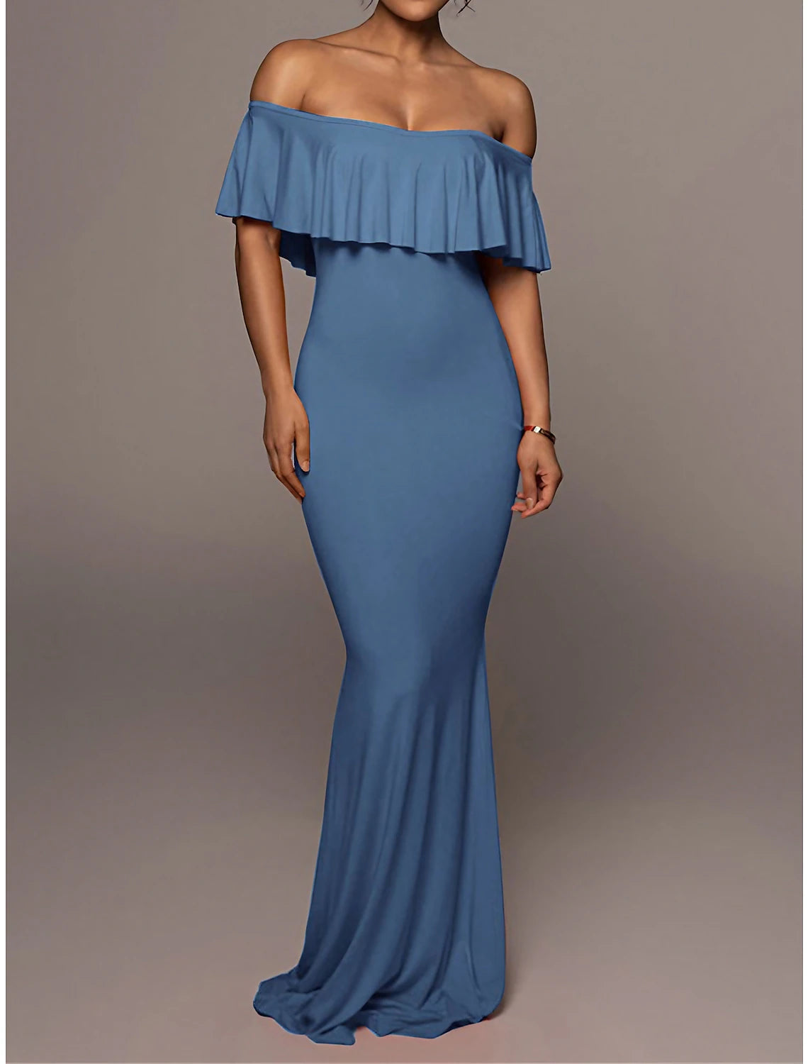 Women's Prom Dress Party Dress Wedding Guest Dress Long Dress Maxi Dress Blue Short Sleeve Pure Color Ruffle Spring Fall Winter Off Shoulder Fashion Wedding Guest Evening Party Vacation
