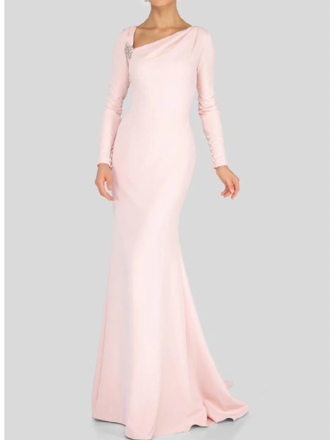 Sheath / Column Evening Gown Minimalist Dress Wedding Guest Formal Evening Sweep / Brush Train Long Sleeve V Neck Stretch Fabric with Sleek