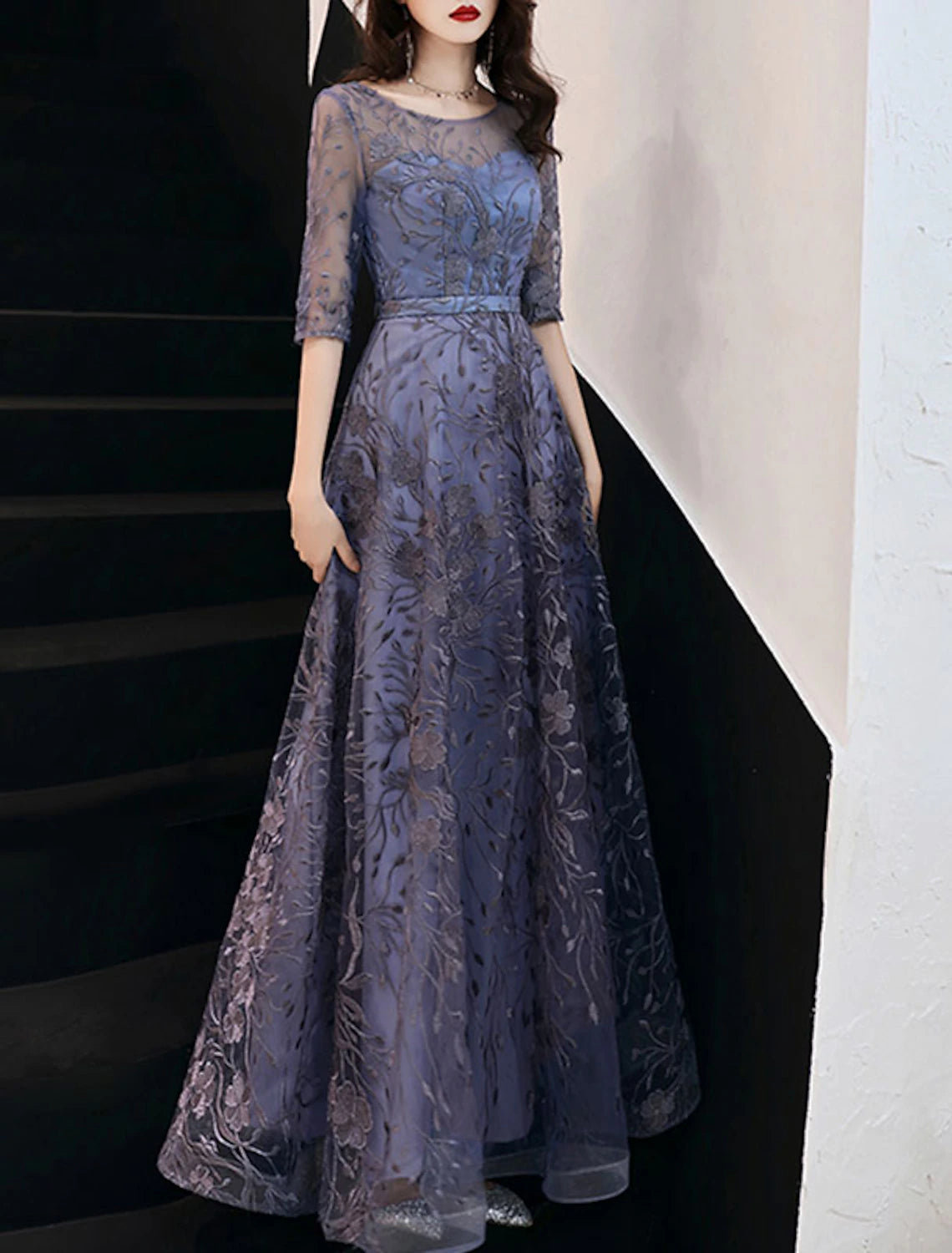 A-Line Evening Gown Floral Dress Wedding Guest Formal Evening Floor Length Half Sleeve Jewel Neck Tulle with Embroidery Pattern / Print