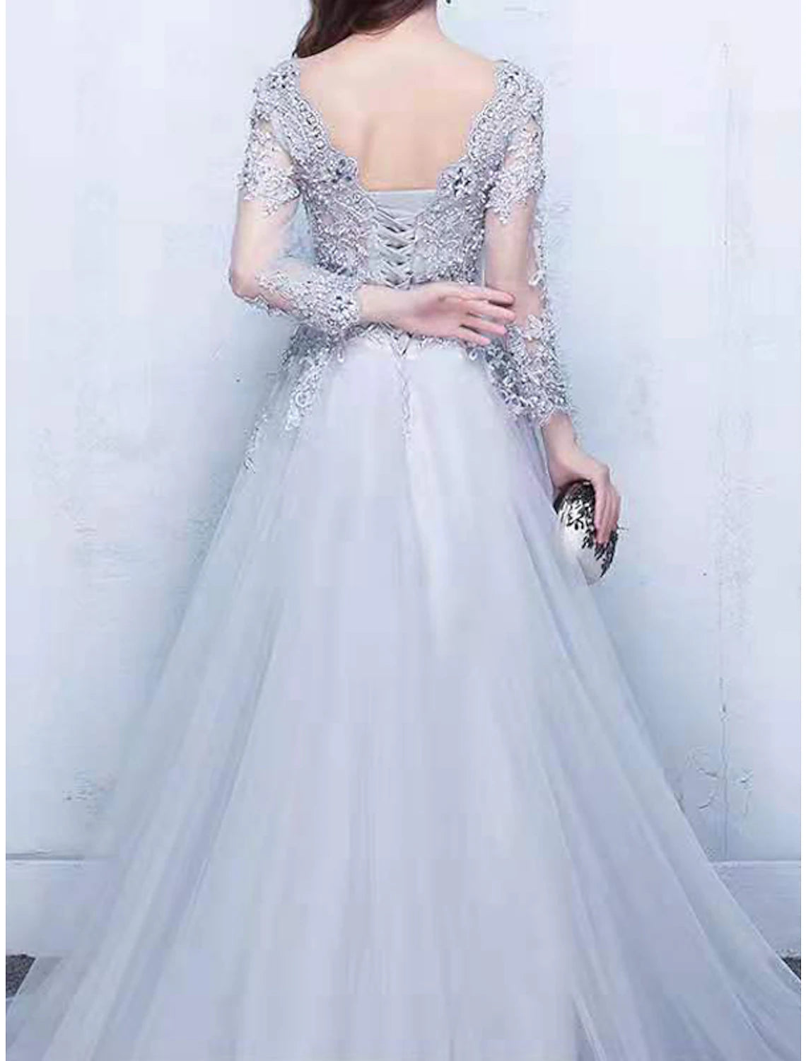 A-Line Evening Gown Party Dress Luxurious Dress Wedding Guest Engagement Chapel Train Half Sleeve Illusion Neck Tulle with Beading Appliques