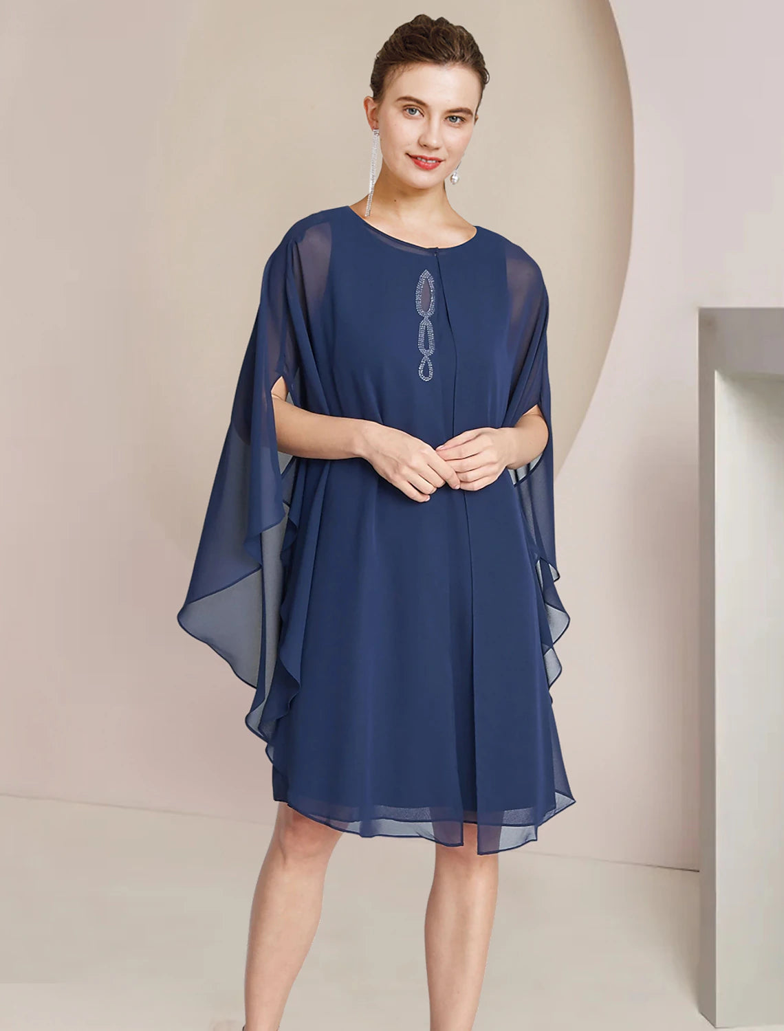 A-Line Mother of the Bride Dress Wedding Guest Elegant Petite Jewel Neck Knee Length Chiffon Long Sleeve with Crystals Ruffles