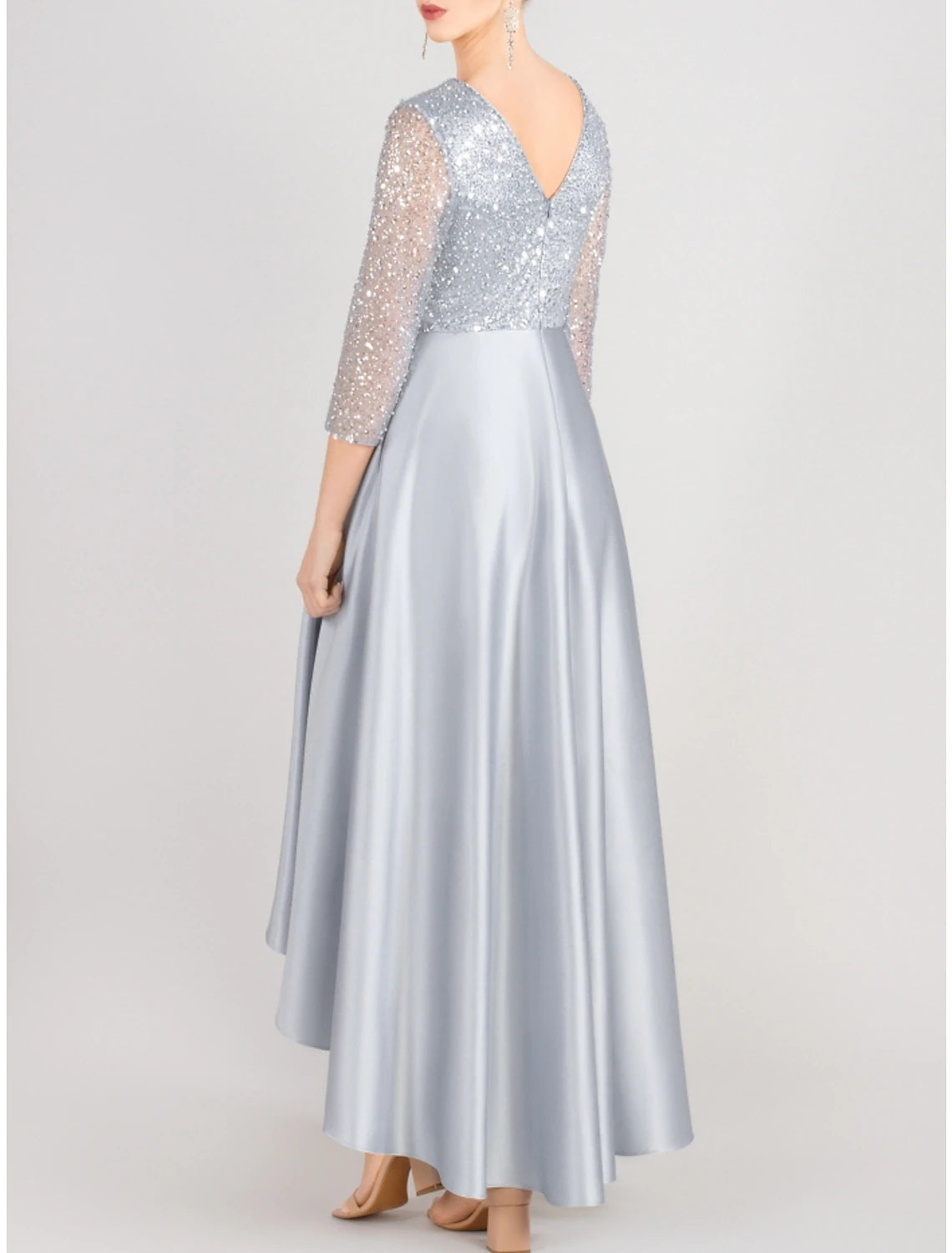 A-Line Mother of the Bride Dress Wedding Guest Elegant V Neck Asymmetrical Satin 3/4 Length Sleeve with Sequin Ruching