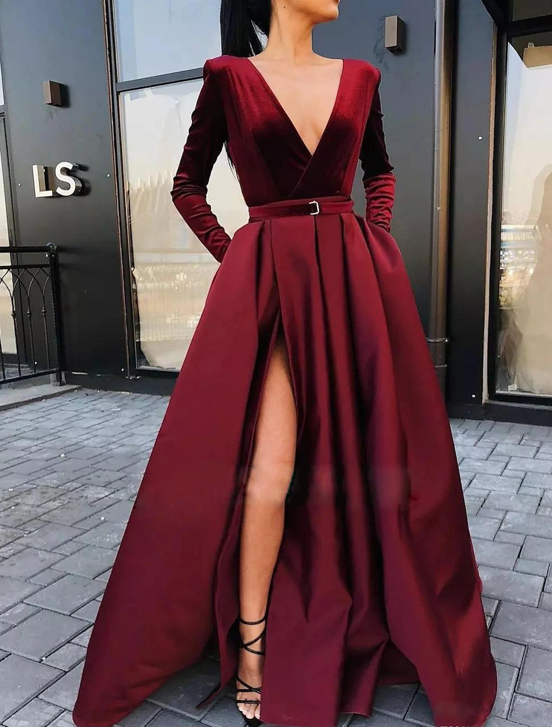 Women's Party Dress Velvet Dress Red Long Dress Maxi Dress Wine Long Sleeve Pure Color Ruched Pleated Split Winter Fall V Neck Party Hot Elegant Fall Dress Winter Dress