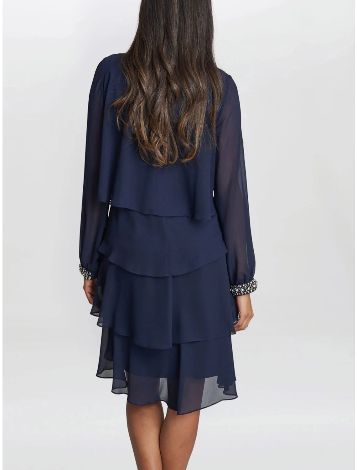 A-Line Mother of the Bride Dress Wedding Guest Elegant Petite Jewel Neck Short / Mini Chiffon Long Sleeve with Crystals Ruffles Tier