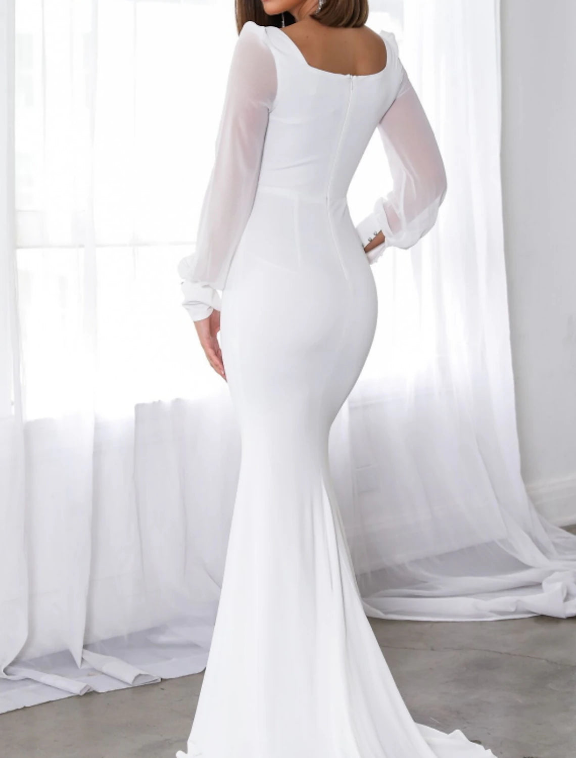 Mermaid / Trumpet Minimalist Elegant Wedding Guest Formal Evening Dress Scoop Neck Long Sleeve Sweep / Brush Train Satin with Sleek