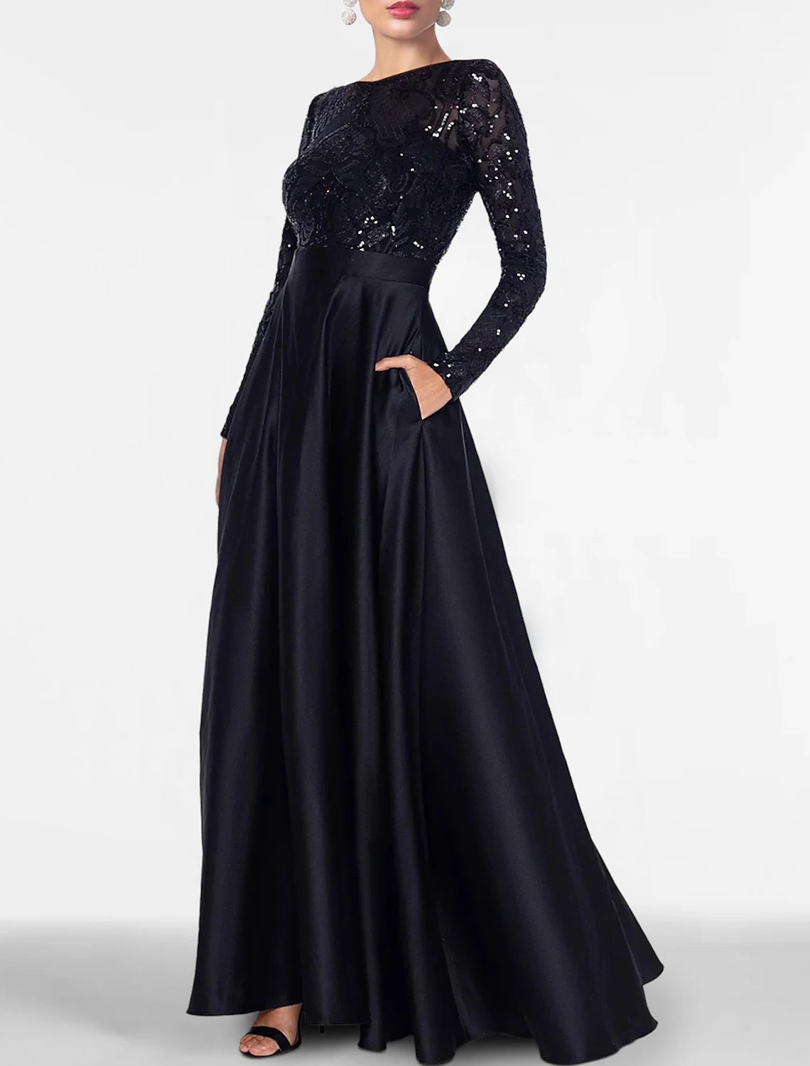 A-Line Evening Gown Elegant Black Dress Plus Size Formal Sequin Satin Dress Black Tie Floor Length Long Sleeve Off Shoulder Fall Wedding Guest with Slit