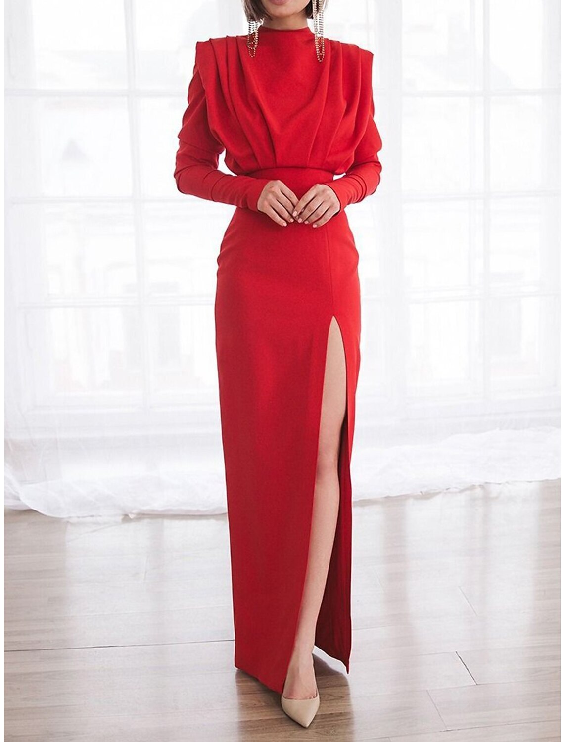 Women's Prom Dress Party Dress Wedding Guest Dress Long Dress Maxi Dress Black White Red Long Sleeve Pure Color Ruched Fall Winter Autumn Crew Neck Fashion Winter Dress Wedding Guest Evening Party