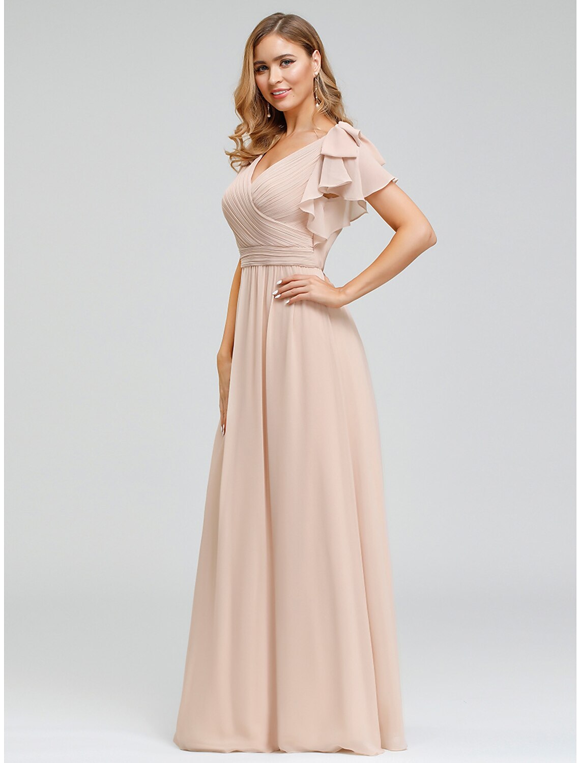 A-Line Mother of the Bride Dress Plus Size V Neck Floor Length Chiffon Short Sleeve with Ruffles Ruching