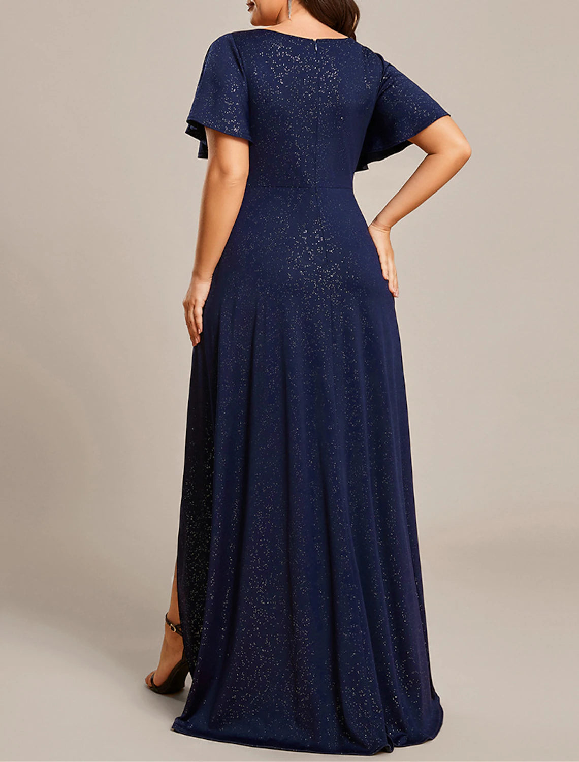 A-Line Wedding Guest Dresses Glittering Dress Party Wear Prom Sweep / Brush Train Short Sleeve V Neck Polyester with Glitter Slit