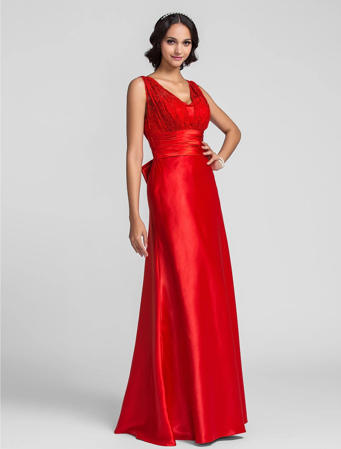 Sheath / Column Open Back Prom Formal Evening Military Ball Dress Straps Sleeveless Floor Length Lace Charmeuse with Beading Side Draping