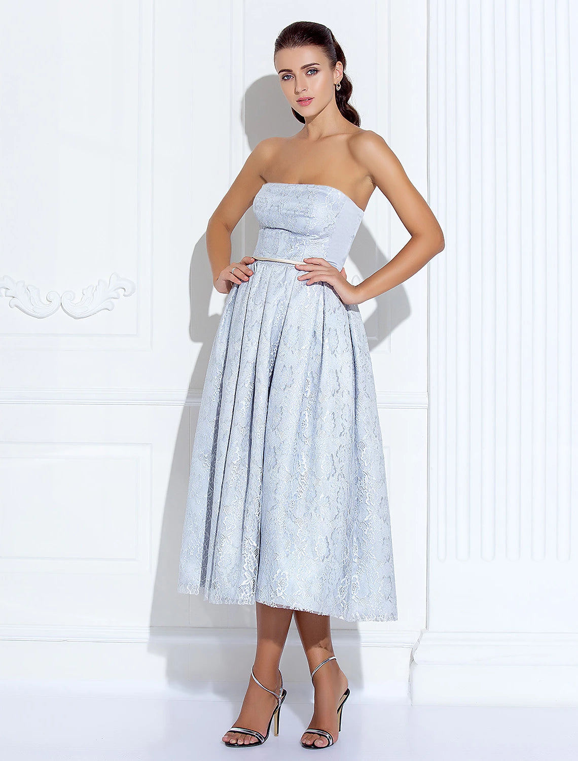 A-Line Strapless Tea Length Lace / Satin Dress with Lace / Sash / Ribbon