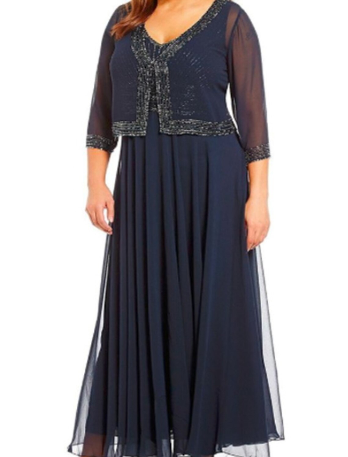 A-Line Mother of the Bride Dress Wrap Included V Neck Ankle Length Chiffon 3/4 Length Sleeve with Beading