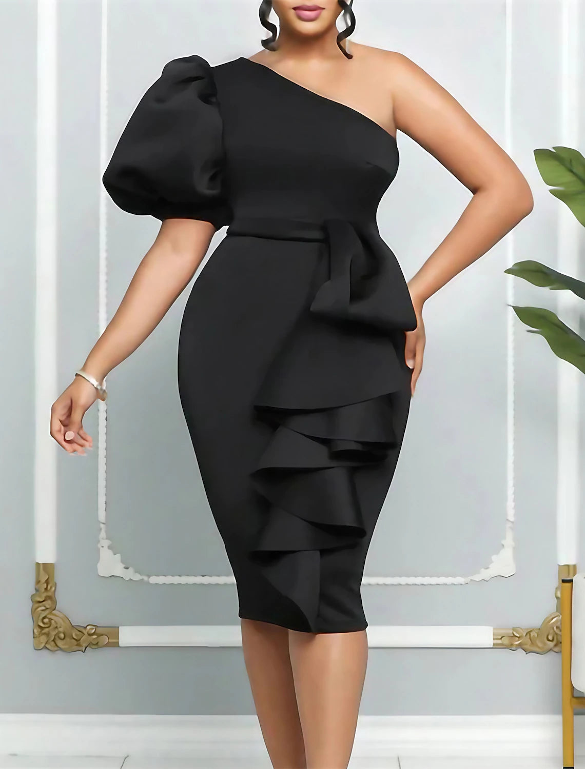 Women‘s Plus Size Curve Party Dress Solid Color One Shoulder Ruffle Short Sleeve Spring Fall Prom Dress Midi Dress Casual Daily Dress