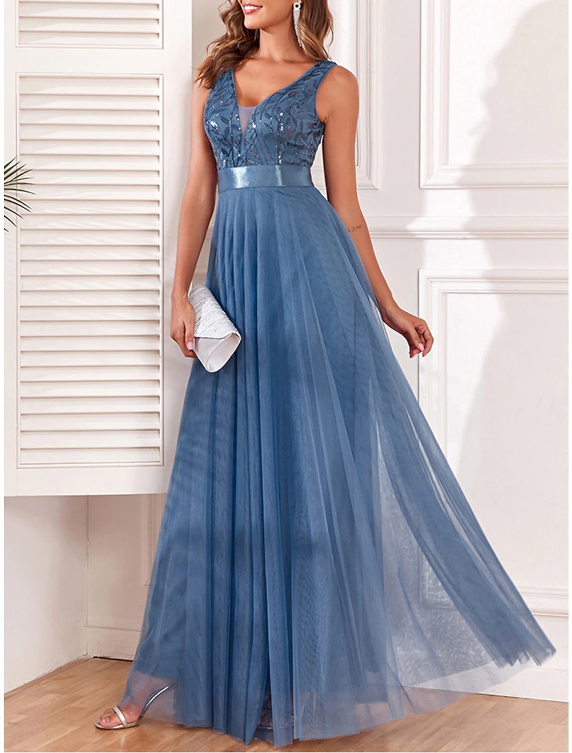 Women's Sequin Dress Prom Dress Party Dress Sparkly Dress Long Dress Maxi Dress Blue Sleeveless Sparkly Glitter Fall Winter V Neck Fashion Evening