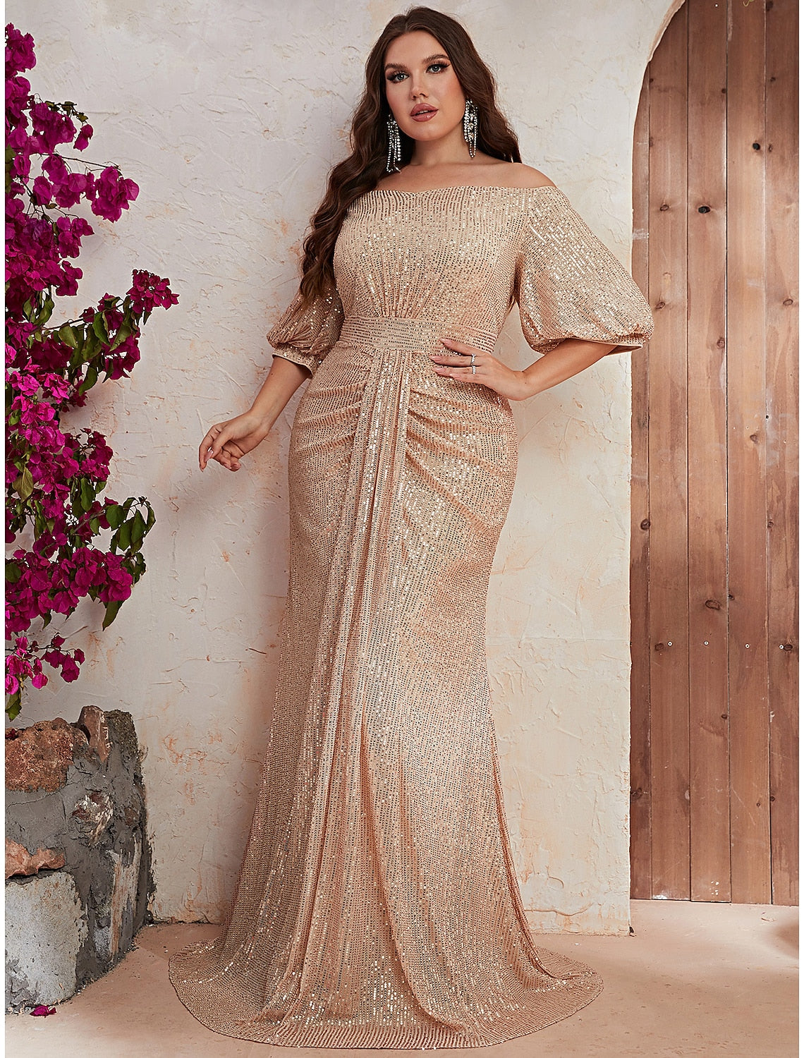 A-Line Wedding Guest Dresses Elegant Dress Formal Evening Party Sweep / Brush Train Half Sleeve Off Shoulder Polyester with Beading