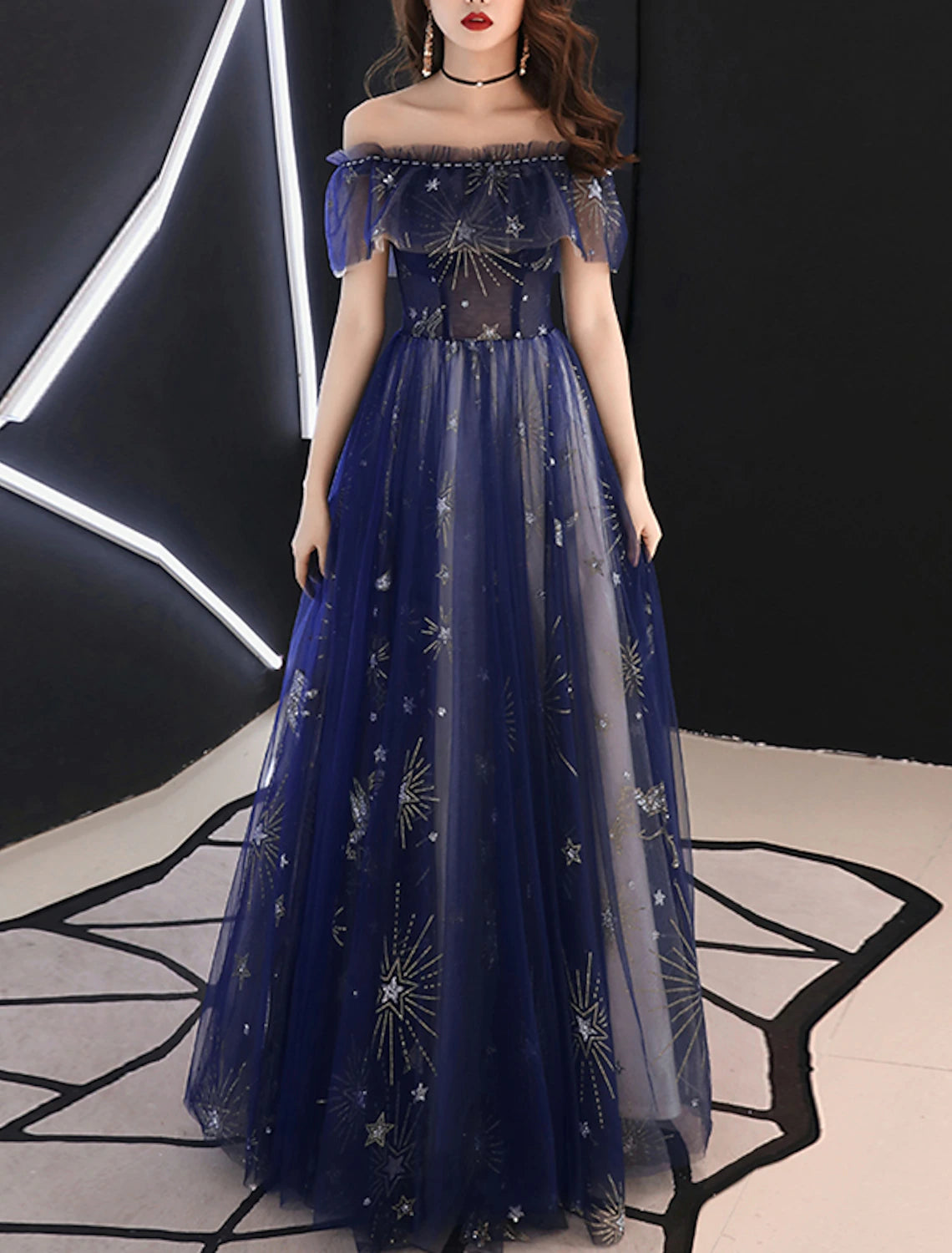 A-Line Sparkle Prom Formal Evening Dress Off Shoulder Short Sleeve Floor Length Tulle with Beading Pattern