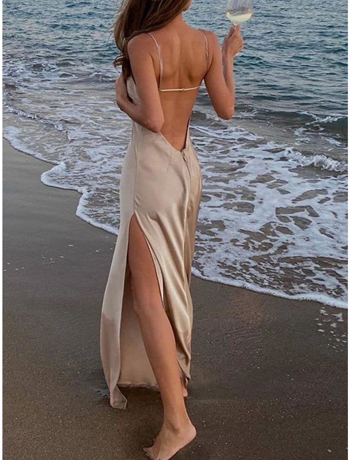 Women's Prom Dress Party Dress Wedding Guest Dress Long Dress Maxi Dress Silver Sleeveless Plain Backless Summer Spring Fall Spaghetti Strap Elegant Wedding Guest Evening Party Vacation