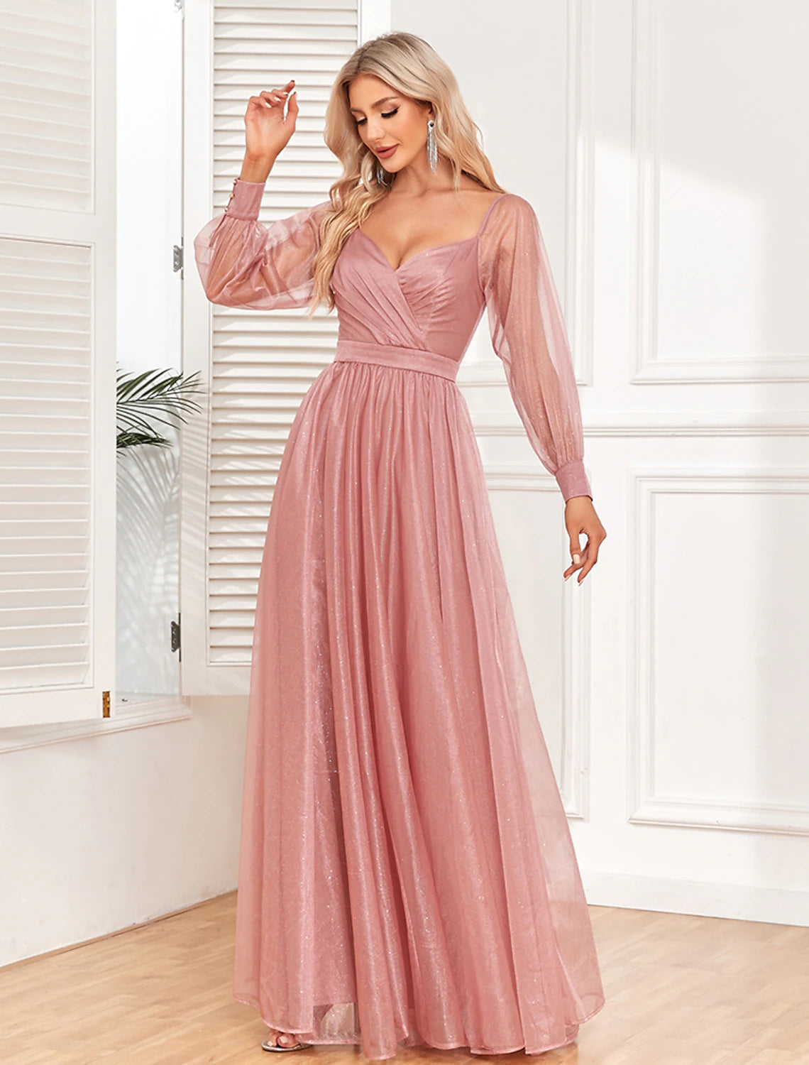 Women's Prom Dress Party Dress Swing Dress Long Dress Maxi Dress Light Red Long Sleeve Pure Color Ruched Summer Spring Fall V Neck Formal Evening Party