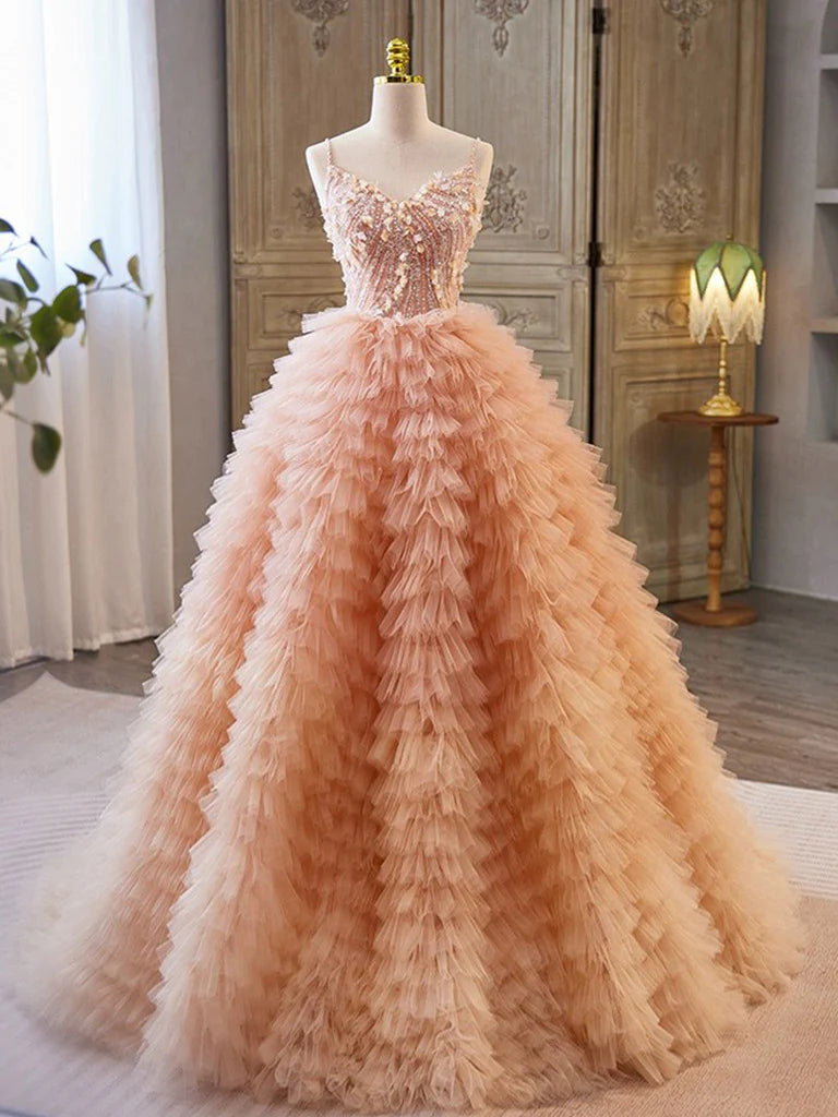 Buyishang Unique V Neck Tulle Sequin Orange Pink Long Prom Dress Orange Pink Sweet 16 Dress