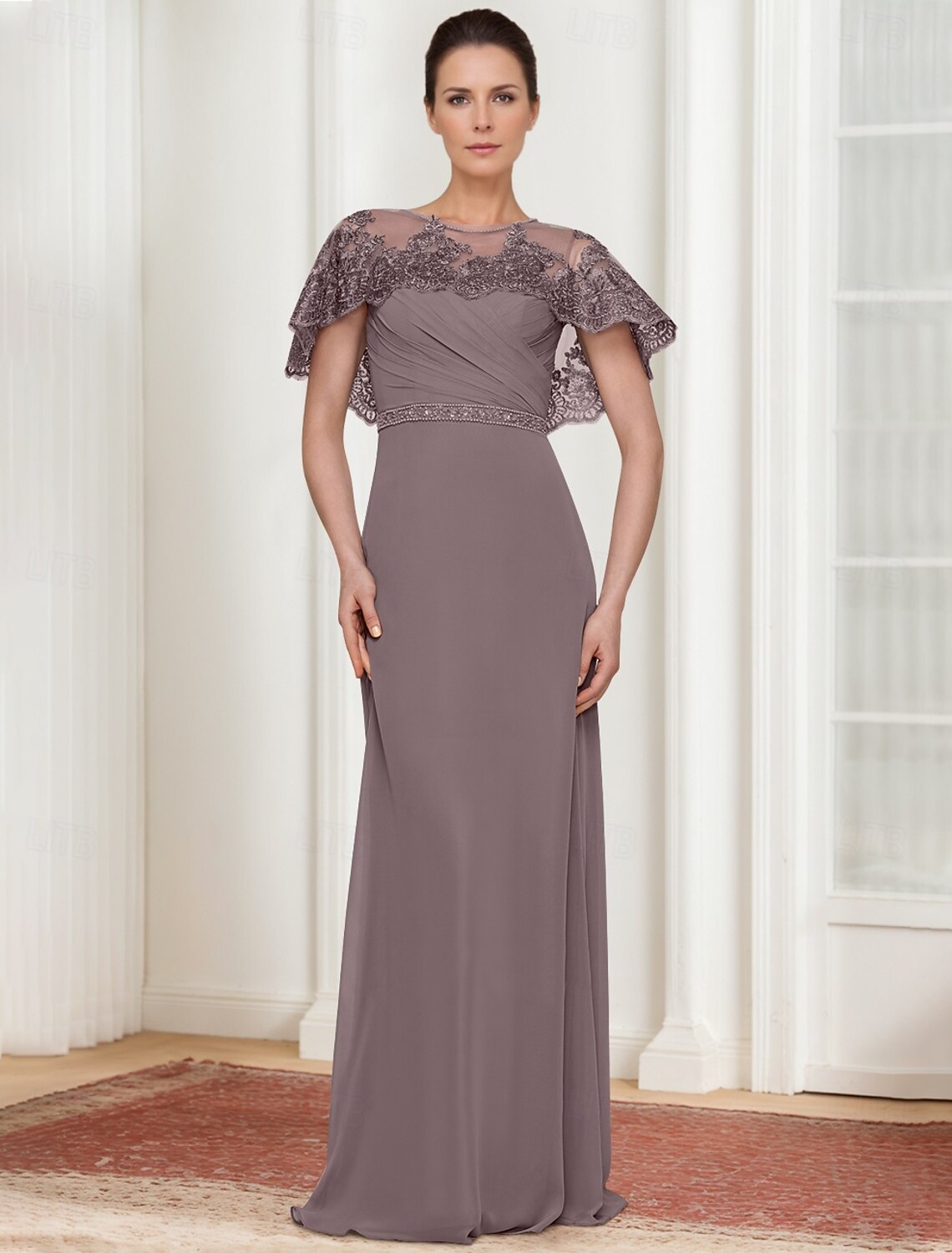 Buyishang A-Line Dress Mother of the Bride Dress Elegant Simple Jewel Neck Floor Length Chiffon Short Sleeve with Lace Tier Solid Color