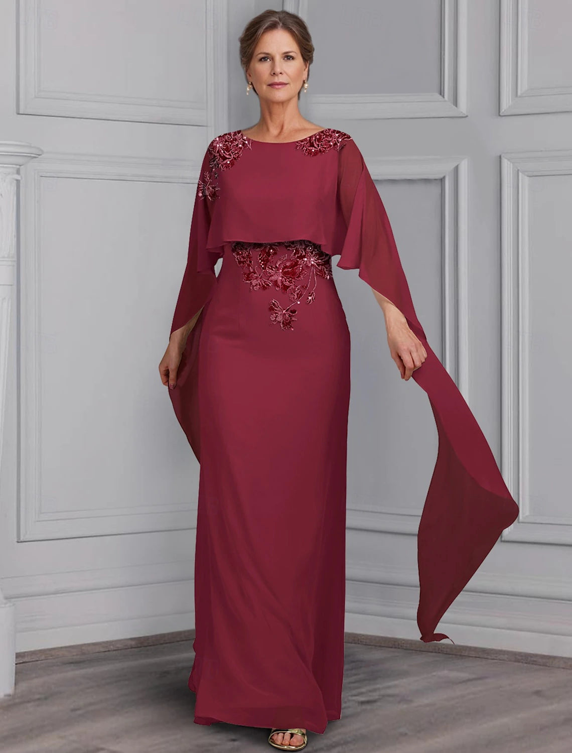Buyishang Sheath / Column Dress Mother of the Bride Dress Elegant Bateau Neck Floor Length Stretch Chiffon Long Sleeve with Lace Tier Flower