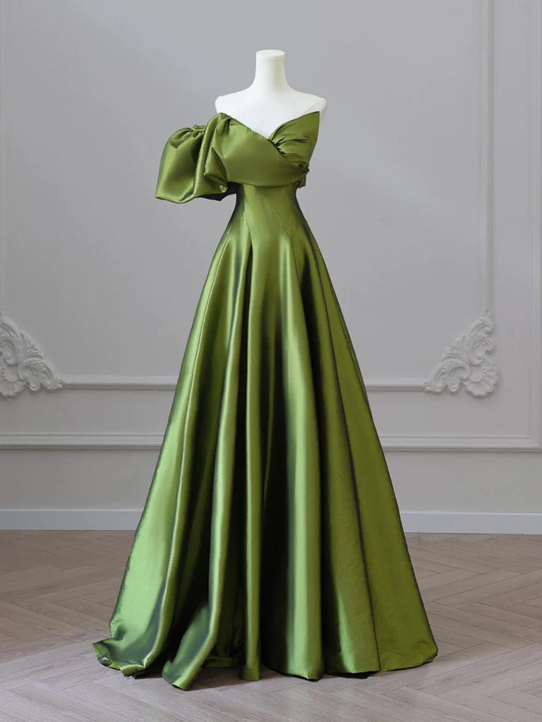 Buyishang A-Line V Neck Satin Green Long Prom Dress Green Long Formal Dress