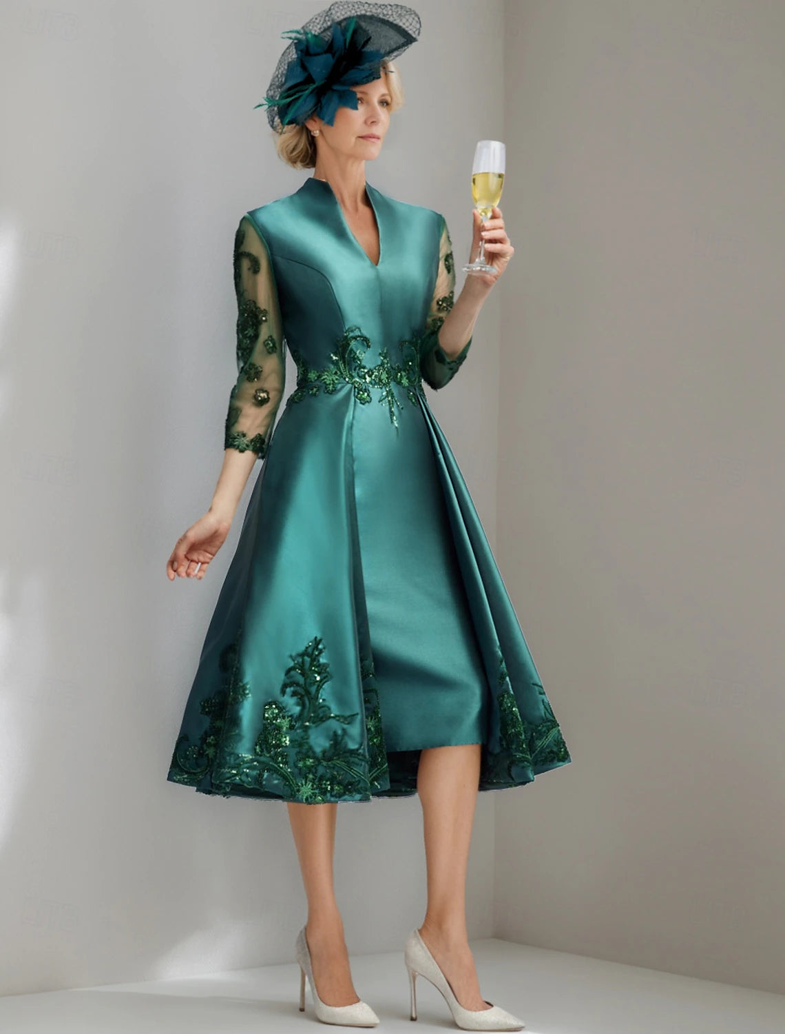 Buyishang A-Line Mother of the Bride Dress Elegant Vintage V Neck Tea Length Satin 3/4 Length Sleeve with Lace Solid Color free custom size